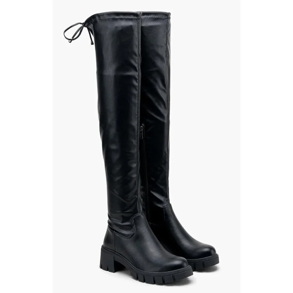 Women's Platform Boots-990-black Pu Over The Knee Thigh High Round Toe Long Boot